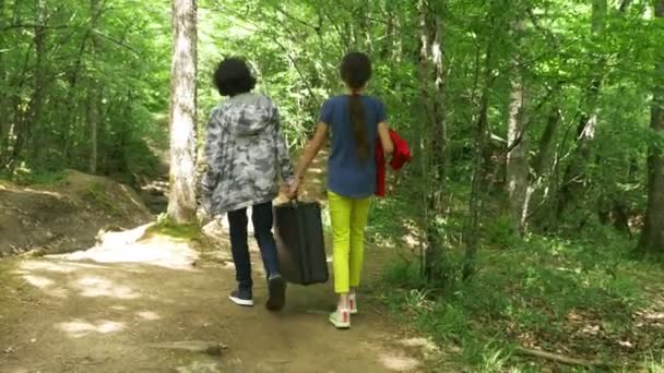 Mädchen und Junge spazieren mit einem schweren schwarzen Koffer durch den Wald. 4k, Zeitlupe, Steadicam-Aufnahme. — Stockvideo