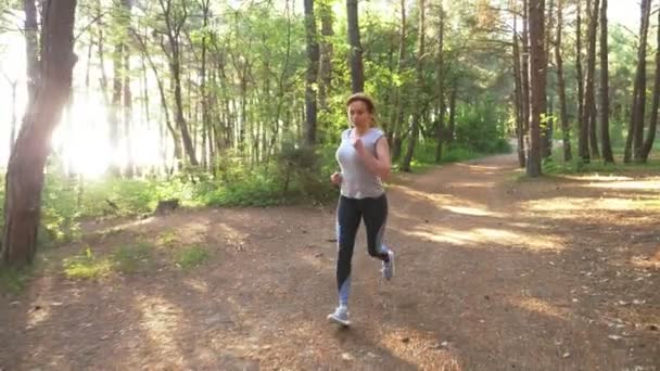 Mujer huyendo por un sendero en el soleado bosque de verano. motivación para la actividad deportiva al aire libre, entrenamiento y ejercicio en la hermosa naturaleza. deslumbramiento solar, cámara lenta 4k, disparo steadicam — Vídeos de Stock