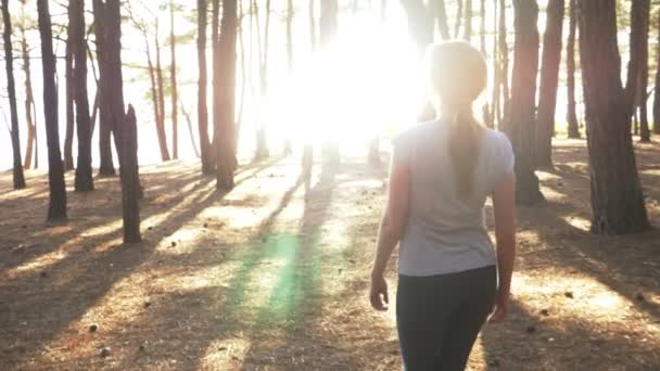 Žena fitness běžec na horní šťastný a slaví úspěch. cítí, že svoboda a závan větru, žena má výhled na moře z hory. 4 k, Zpomalený pohyb, slunce, stedikam — Stock video