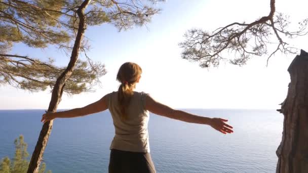 女子健身亚军在顶部快乐和庆祝成功。女人从山上欣赏大海的景色, 举起双手, 感受风的自由和气息。4k. 慢动作 — 图库视频影像