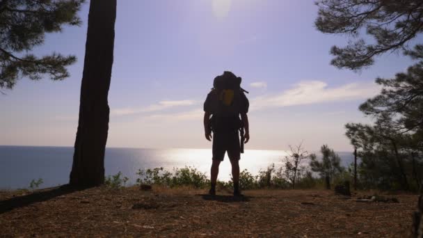 Silhouette turista uomo con un grande zaino viaggia fino al bordo di una ripida riva del mare scoscesa con una pineta. con una magnifica vista sul paesaggio marino. 4k. Rallentatore — Video Stock