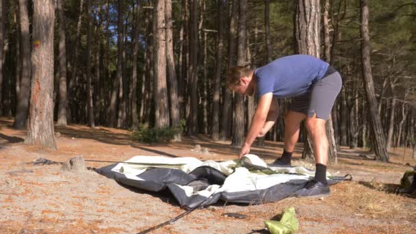 Erkek bir turist bir çadır pine Grove dik kıyı kıyı kenarında deniz manzarası muhteşem bir görünüm ile düzenler. 4k. — Stok video
