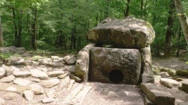 Dolmen ormanın içinde. 4k, ağır çekim. Steadicam atış