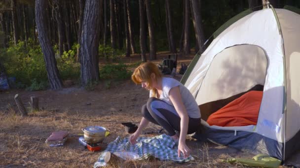 A mulher, descansando, cozinha a comida ao lado da tenda na borda de um litoral íngreme em um bosque de pinheiro com uma visão magnífica da paisagem marinha. 4k . — Vídeo de Stock