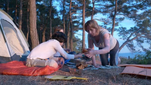 Uma família feliz de turistas, comendo comida de acampamento, ao lado de uma tenda na beira de uma costa íngreme em um pinhal com uma vista magnífica da paisagem marinha. 4k . — Vídeo de Stock