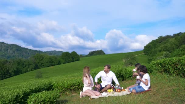 Piknik rodzinny na Polanie wśród plantacji herbaty. koncepcja podróży, rekreacja. styl życia. 4k. — Wideo stockowe