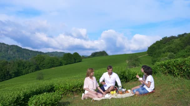 在茶叶种植园间的空地上进行的家庭野餐。旅行、娱乐的概念。生活方式。4k. — 图库视频影像