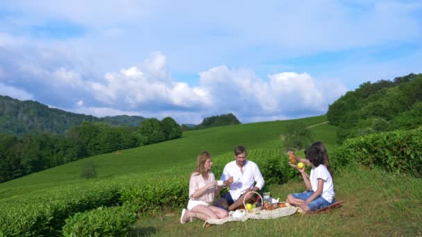 Сімейний пікнік у клірингу серед чайної плантації. концепція подорожей, відпочинку. стиль життя. 4k . — стокове відео