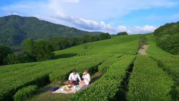 Romantisk dato for et dejligt par mand og kvinde i en clearing blandt en teplantage. begrebet rejse, fritid. Livsstil. 4k . – Stock-video