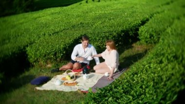 güzel bir çift erkek ve kadın arasında bir çay plantasyon bir açıklıkta romantik tarih. seyahat, eğlence kavramı. Yaşam tarzı. 4k.