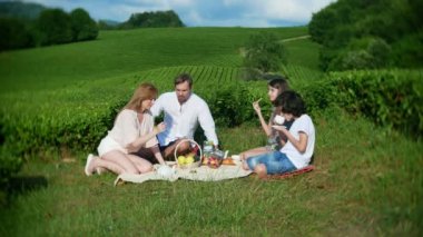 Aile piknik bir çay plantasyon arasında bir açıklıkta. seyahat, rekreasyon kavramı. yaşam tarzı. 4k.