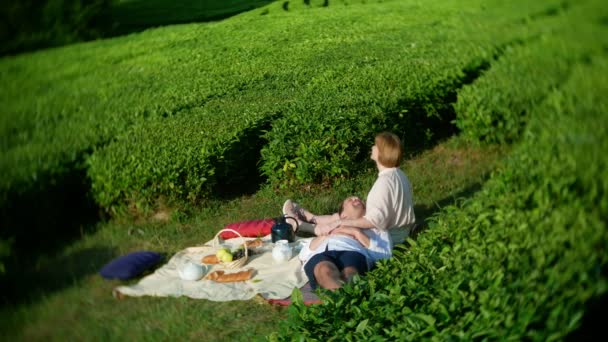 Романтическое свидание милой пары мужчины и женщины на поляне среди чайной плантации. концепция путешествия, досуга. Стиль жизни. 4k . — стоковое видео