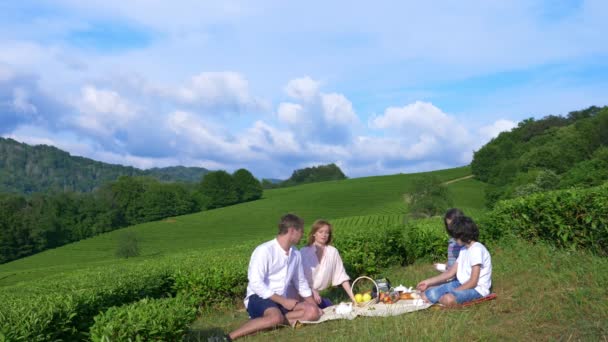 En familj picknick i en glänta bland en teplantage. begreppet resor, fritid. livsstil. 4k. — Stockvideo