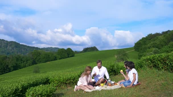 Un picnic in famiglia in una radura tra una piantagione di tè. concetto di viaggio, ricreazione. stile di vita. 4k . — Video Stock