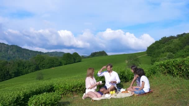 Un picnic de familie într-o curățare printre o plantație de ceai. Conceptul de călătorie, recreere. stilul de viaţă. 4k . — Videoclip de stoc