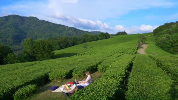 Date romantique d'un beau couple homme et femme dans une clairière au milieu d'une plantation de thé. concept de voyage, de loisirs. Style de vie. 4k . — Video