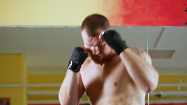 一个职业运动员在武术大厅里有一辆拳击手的火车。年轻的欧洲男人在健身房。4k, — 图库视频影像