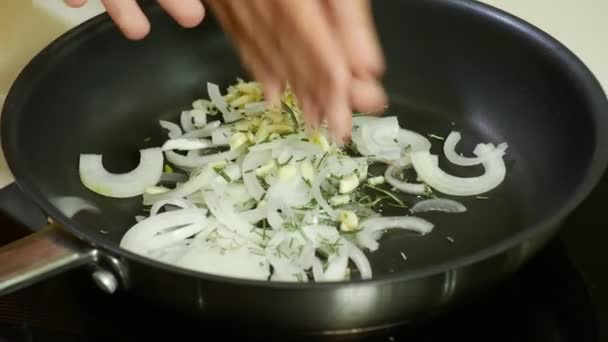 Meisterkurs über Kochen. Kinder bereiten Mahlzeiten mit einem professionellen Koch in der Küche zu. 4k. Zwiebeln in einer Pfanne anbraten — Stockvideo