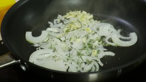 Masterclass over koken. Kinderen maaltijden met een professionele chef-kok in de keuken. 4 k. bak de ui in een koekenpan — Stockvideo