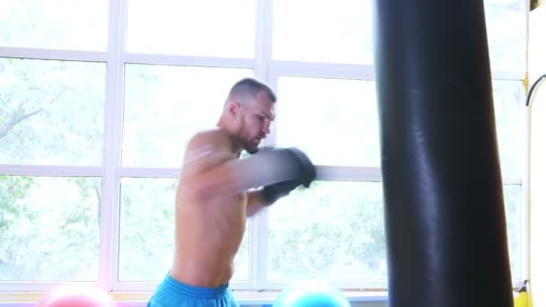 En professionell boxare idrottare tränar i kampsport hall. unga europeiska mannen i gymmet. 4k, slow motion, — Stockvideo