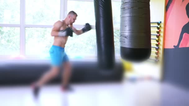 En professionell boxare idrottare tränar i kampsport hall. unga europeiska mannen i gymmet. 4k, slow motion, — Stockvideo