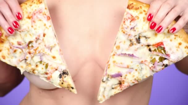 Close Up Wife And Lover - Close-up, pizza and female breasts. 4k, slow motion. Pizza Porn. Pizza  Lover. sexy woman and Fast Food. Fashion minimal art