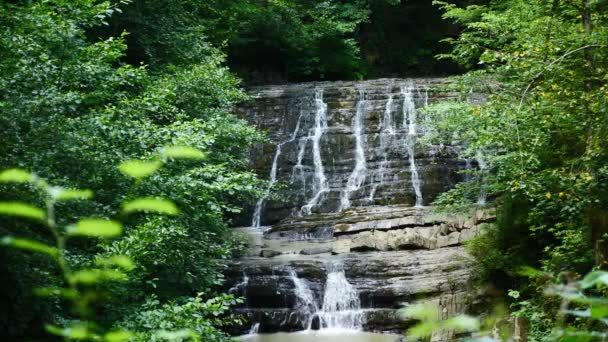 Scenic nature of a beautiful waterfall and emerald of a fresh water lake in a wild jungle forest environment. 4k, slow motion — Stock Video