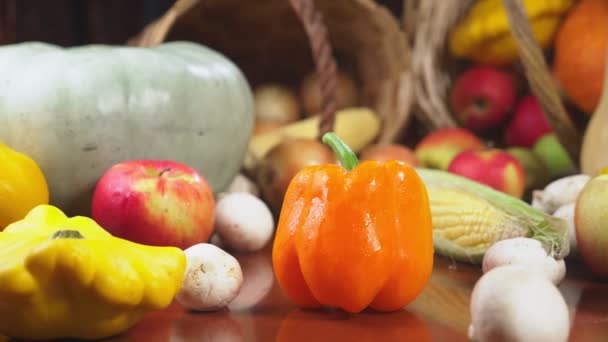 Herfst oogst of Thanksgiving, Cornucopia gevuld met groenten, fruit gemorst uit de mand op tafel. 4k, dolly schot — Stockvideo