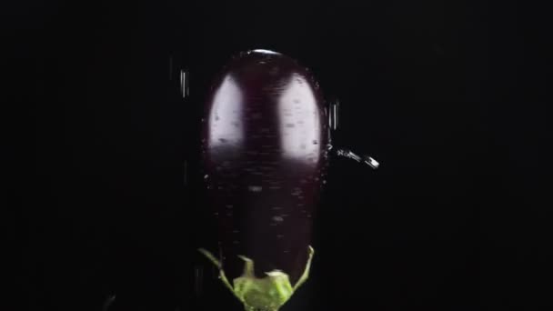 Eggplant, close - up. Drops of water fall on a rotating apple on a black background. super slow-motion. — Stock Video