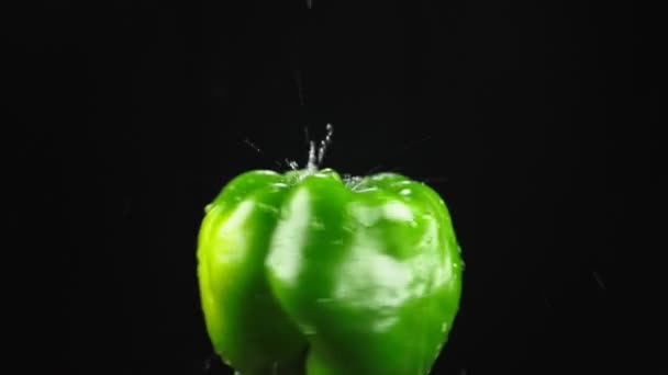 Πράσινη πιπεριά καμπάνα, κλείστε - μέχρι. Σταγόνες νερού πέφτουν σε ένα περιστρεφόμενο μήλο σε μαύρο φόντο. σούπερ αργή κίνηση. — Αρχείο Βίντεο