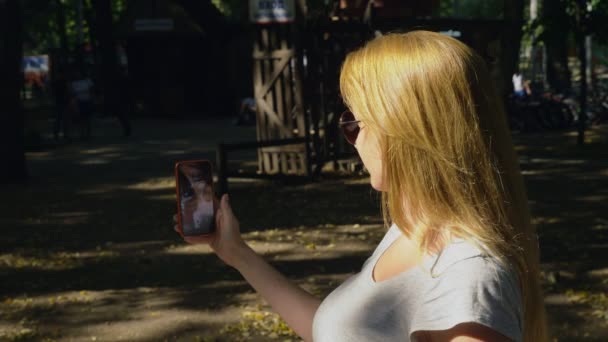 Femme va se garer avec son téléphone le jour d'été sous la lumière du soleil. 4k, ralenti, tir standicam — Video