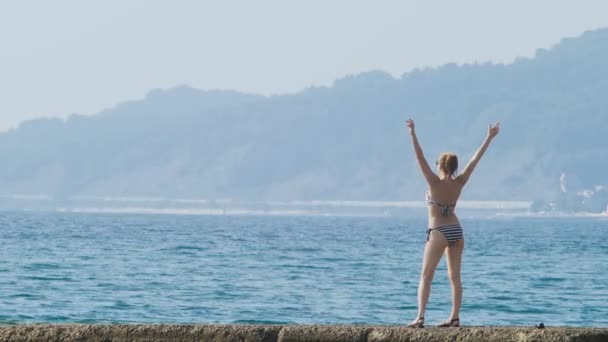 湾の島の眺め。望遠撮影。霧の中、4 k、スローモーションで海岸防波堤上の女性に見える — ストック動画