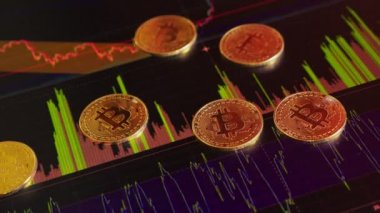 altın arka plan parlak mali grafik üzerinde bitcoins. iş grafik yakın çekim. Cryptocurrency. Sanal para, büyük 4k.
