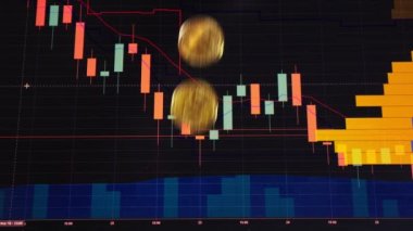 altın arka plan parlak mali grafik üzerinde bitcoins. iş grafik yakın çekim. Cryptocurrency. Sanal para, büyük 4k.