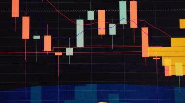 altın arka plan parlak mali grafik üzerinde bitcoins. iş grafik yakın çekim. Cryptocurrency. Sanal para, büyük 4k.