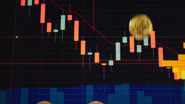 Zlaté mince, bitcoiny na pozadí světlé finanční grafiky. obchodní grafika detail. Kryptoměn. Virtuální měna, velký 4k. — Stock video