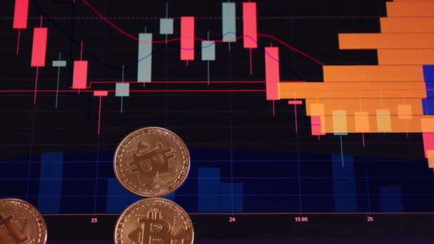 Gouden munten, bitcoins op een achtergrond van heldere financiële graphics. zakelijke afbeeldingen close-up. Cryptocurrency. Virtuele valuta, grote 4k. — Stockvideo