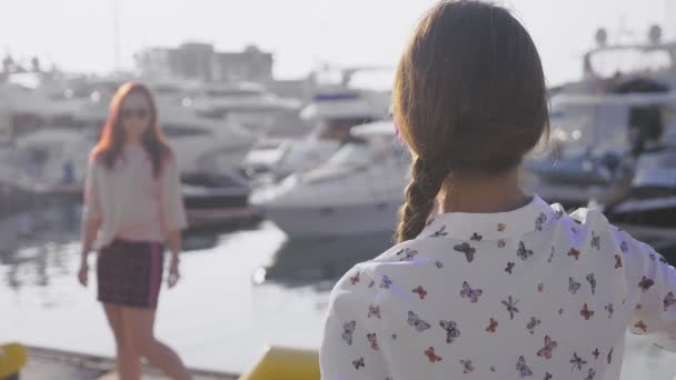 专业摄影师 在海港的图片在游艇的背景下 一个女人按下按钮 并与模型交谈 慢动作 — 图库视频影像