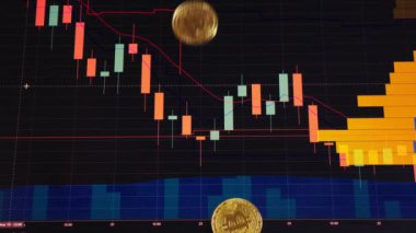 altın arka plan parlak mali grafik üzerinde bitcoins. iş grafik yakın çekim. Cryptocurrency. Sanal para, büyük 4k.