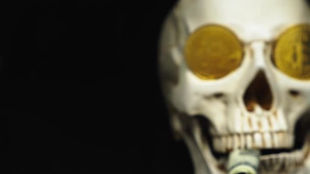 Cráneo con billetes de dólar en la boca, bitcoins en los ojos. fondo oscuro — Vídeos de Stock