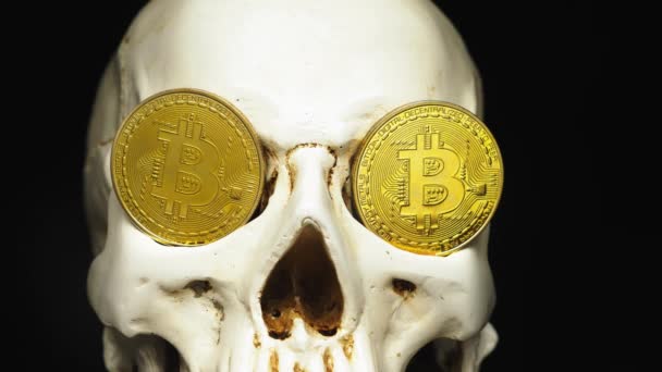 Skull with US Dollar bills in his mouth. bitcoins on the eyes. — Stock Video