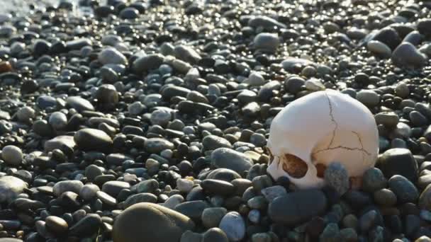 A human skull on the beach, under the waves of water. 4k, slow motion — Stock Video