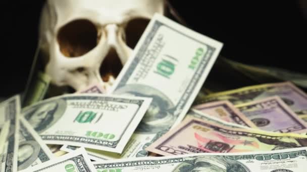 Human skull in a pile of American currency — Stock Video