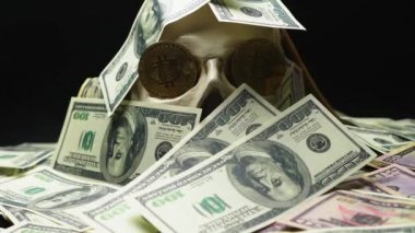 insan kafatası Amerikan Doları yığını. gözde Bitcoins