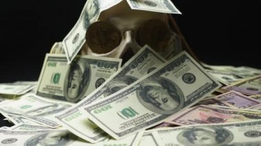 insan kafatası Amerikan Doları yığını. gözde Bitcoins