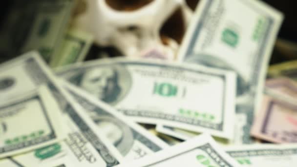 Human Skull Pile American Currency Black Background — Stock Video