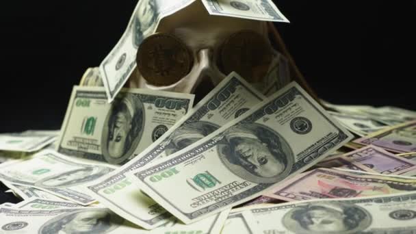 Человеческий череп в куче американской валюты. биткоины в глазах — стоковое видео