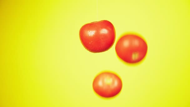 Свежие помидоры падают с каплями воды. Концепция питания. Изолировать на желтом фоне, замедленная съемка — стоковое видео