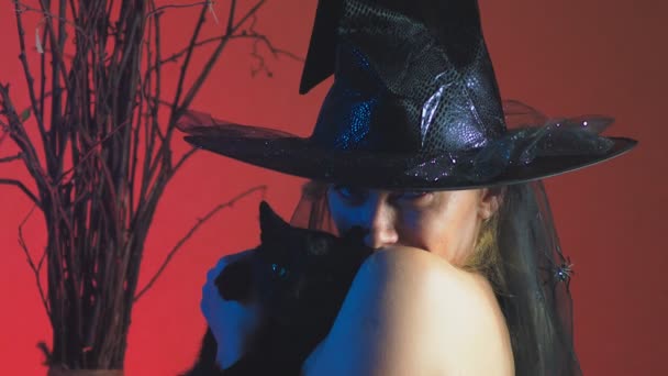 Όμορφη σέξι νεαρή γυναίκα σε μια μάγισσα μαύρο κοστούμι και καπέλο, με μια σκούπα και μια μαύρη γάτα στα χέρια της κοιτώντας την κάμερα και να χαμογελά. χώρο αντίγραφο. 4k, αργή κίνηση — Αρχείο Βίντεο