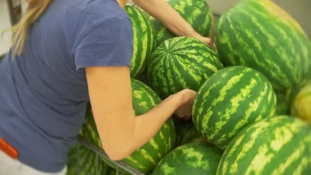 Kvinna i en stormarknad väljer vattenmelon på en avdelning med frukt och grönsaker. 4k — Stockvideo